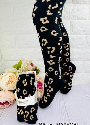 Махровые зимные колготы леопардовые черные для девочки качественные турецкие тм belino