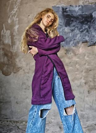 Непал. шерстяное с флисовой подкладкой пальто куртка с капюшоном карманами yeti clothing на молнии шерсть вязаное длинное миди кофта худи демисезонное2 фото