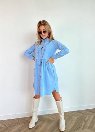 Платье мини спереди на пуговицах воротник стойка рукав длинный манжет нагрудные карманы талия завышенная ткань микровельвет