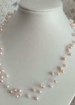 Нежное жемчужное ожерелье колье многослойное на жилке серебряная фурнитура2 фото