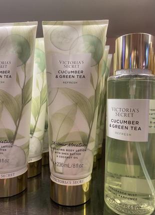 💚victoria's secret cucumber &amp; green tea зволожувальний лосьйон віктория сикрет парфумований спрей крем для тіла набір подарунковий