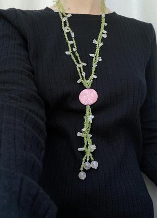 Длинное ожерелье хризолит и розовый кварц натуральный камень