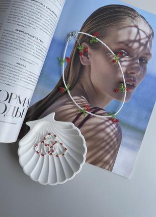 Ожерелье с вишнями, чокер вишни 🍒 из бисера, колечко с сердечками1 фото