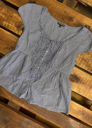 Женская хлопковая футболка в клетку с оборками warehouse (вархаус хлрр идеал оригинал сине-белая)1 фото