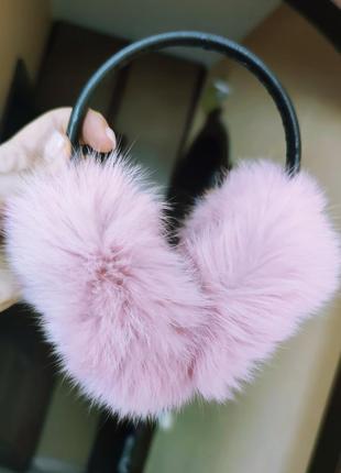 Тепленькі хутряні навушники рожеві, натуральне хутро кролика2 фото