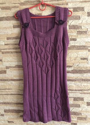 Вязаное платье туника для девушки фиолетового цвета размер s m