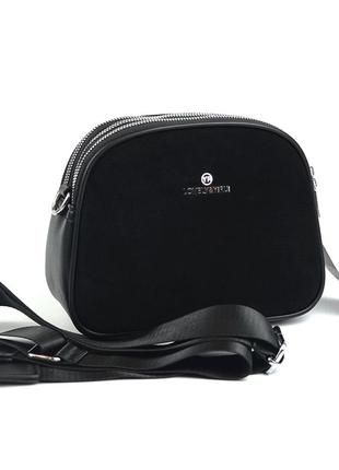 Чорна замшева міні сумка клатч на три відділення, маленька жіноча сумочка з натуральної замші