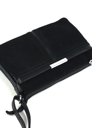 Замшевый женский черный клатч на 5 отделений, маленькая сумочка из натуральной замши на плечо7 фото