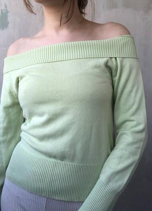Лаймовая кофта с открытыми плечами тепла на осень с длинным рукавом свитер зеленый бирюзовый мятный