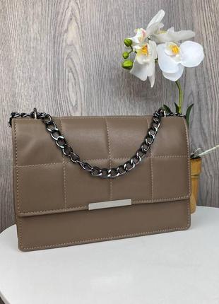Модная и стильная женская мини сумочка клатч черная стеганная, сумка на плечо эко кожа кофейный