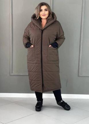 Куртка зимняя длинная теплая большого размера батал с капюшоном коричневая черная хаки бежевая фиолетовая серая оливковая пальто парка пуховик1 фото
