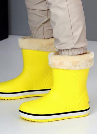 Sale стильные желтые женские резиновые сапоги зимние теплые на меху зима