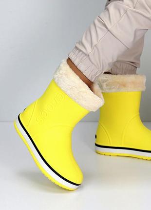 Sale стильные желтые женские резиновые сапоги зимние теплые на меху зима