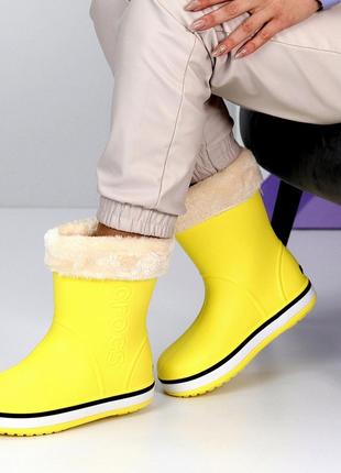 Sale стильные желтые женские резиновые сапоги зимние теплые на меху зима