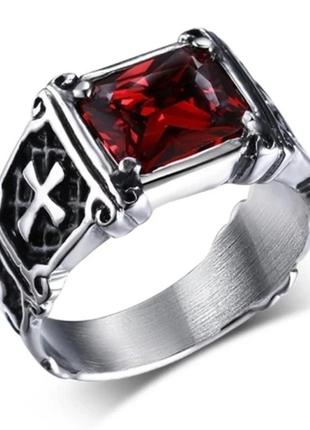 Чоловіче перстень печатка з хрестом і червоним каменем, вінтажна каблучка із захисним хрестом, розмір 19