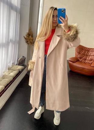 Теплое кашемировое пальто с мехом на рукавах, длинное пальто с поясом кашемир6 фото