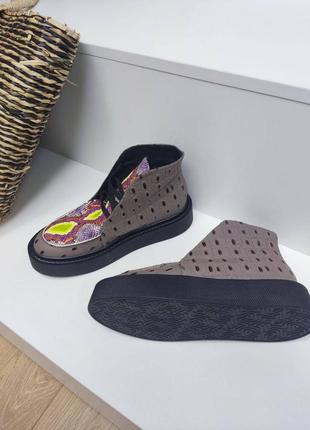 Екслюзивні черевики високі лофери з натуральної італійської шкіри та замші жіночі хайтопи8 фото