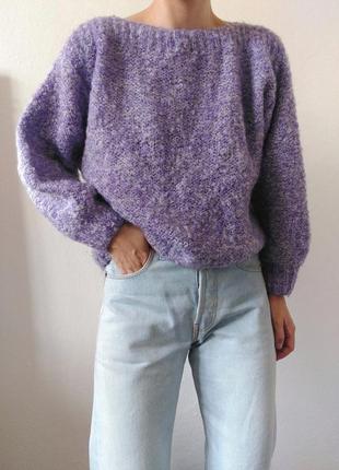 Вязаный свитер лавандовый шерстяной свитер джемпер шерсть пуловер реглан лонгслив кофта винтажный свитер ручная вязка6 фото