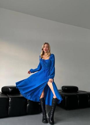 Ніжна сукня міді муслін на шнурівці з розрізом декольте 6 кольорів7 фото
