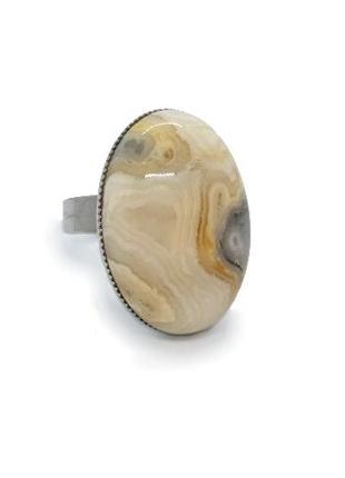 🌻🐘 эксклюзивное кольцо "овал" натуральный камень кружевной крэйзи агат желто-серый1 фото