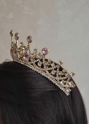 Диадема, тиара, корона под золото с розовыми камнями, высота 6,5 см5 фото