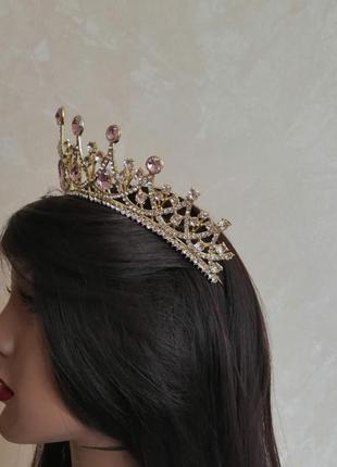 Диадема, тиара, корона под золото с розовыми камнями, высота 6,5 см4 фото
