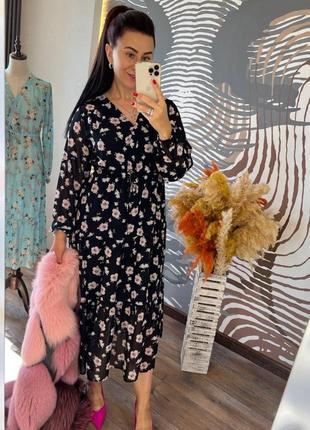 Платье шифон миди   цветочный принт на осень