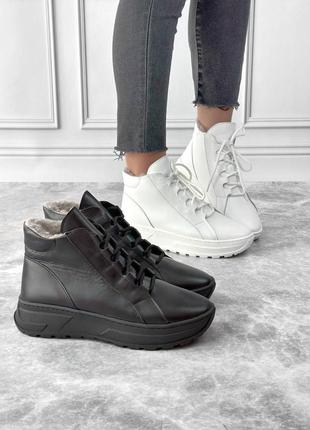Хайтопы ботинки ботинки кроссовки зимние в черном и белом цвете кожаные на шнуровке 🖤2 фото