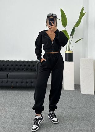 Трендовый однотонный теплый спортивный костюм на флисе с укороченными худи на молнии 🤍🔥