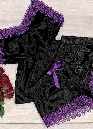 Велюровая пижама с кружевом. майка та шорты с кружевом. пижама из велюра