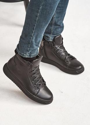 Кеды мужские зимние кожаные черные на шнурках и молнии4 фото