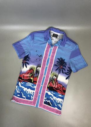 Стильная цветная тенниска primark, шведка, рубашка короткий рукав, гавайка, примарк, принтованная, пляжная, лето, пляж, летняя, легкая