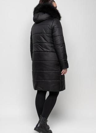 Женский батальный теплый зимний черный пуховик куртка с мехом песца, р 48-623 фото