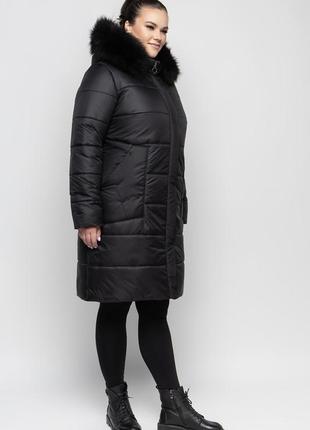 Женский батальный теплый зимний черный пуховик куртка с мехом песца, р 48-622 фото