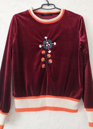 Роскошный брендовый бархатный винный свитер с вышивкой3 фото
