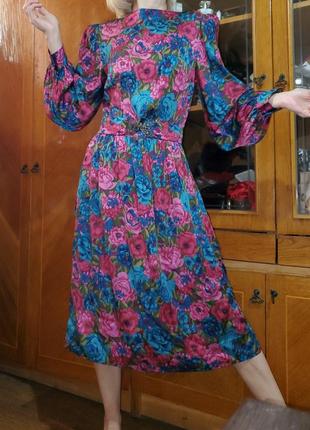 Винтажное шёлковое платье с объёмными рукавами, с поясом винтаж шёлк6 фото