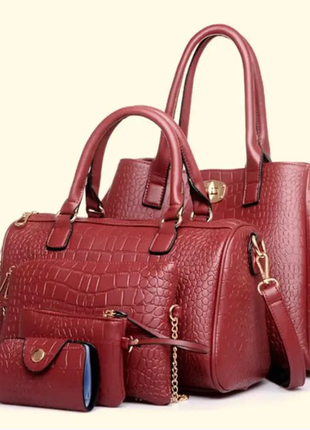 Набор сумок под крокодила для деловых женщин, 5в1 две сумки, клатч, косметичка, кошелек ск-066да1 фото