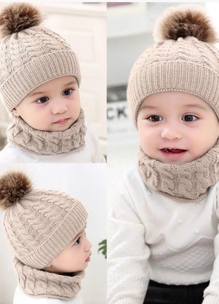 Вязанный теплый детский набор шапка и шарф-хомут 6 цветов ож-116да3 фото
