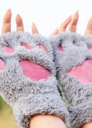 Перчатки кошачьи лапки 😍 плюшевые варежки без пальцев2 фото