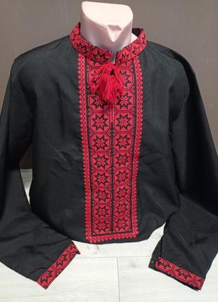 Дизайнерская черная мужская вышиванка "гармония" с красной вышивкой украина украинатд 44-64 размеры1 фото