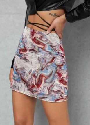 Трендовая мини юбка-сеточка/юбка/юбка в акварельные разводы shein, на р. s/m