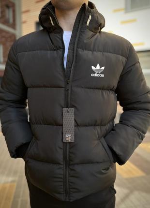Мужская зимняя куртка на пуху черная adidas / пуховик черного цвета адидас / курточкая теплая на мужчину