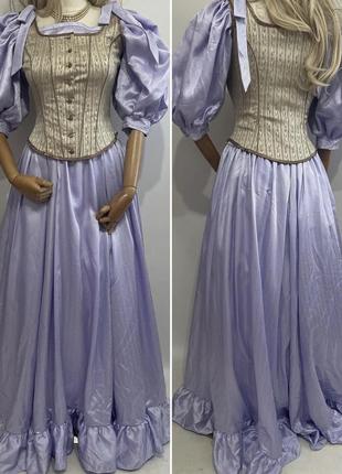 Винтажное бальное вечернее платье макси объемные рукава рюши корсет в стиле laura ashley лавандового цвета