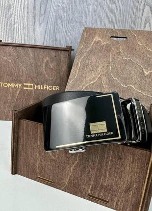 Мужской кожаный ремень автомат стиле tommy hilfiger, поясной ремень из натуральной кожи томми черный2 фото