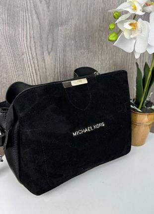 Женская замшевая сумка в стиле майкл корс черная, мини сумочка натуральная замша michael kors6 фото