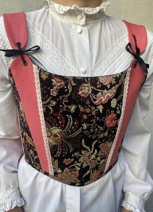 Корсет , корсаж ручної роботи , апсайклинг, топ , квітковий принт, ренесанс, театр, аніме
