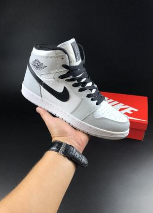 Nike air jordan 1 retro кроссовки мужские кожаные отличное качество найк джордан осенние кожа высокие кожаные серые с черным