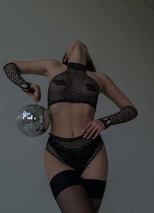 Набор топ + трусики + перчатки (сетка)