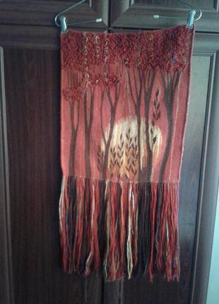 Винажный гобелен , панно коврик , плетеная картина красная с бахромой3 фото
