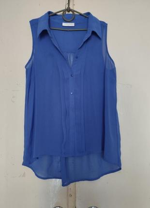 Синяя блуза свободная лёгкая блуза с воротником на пуговках.